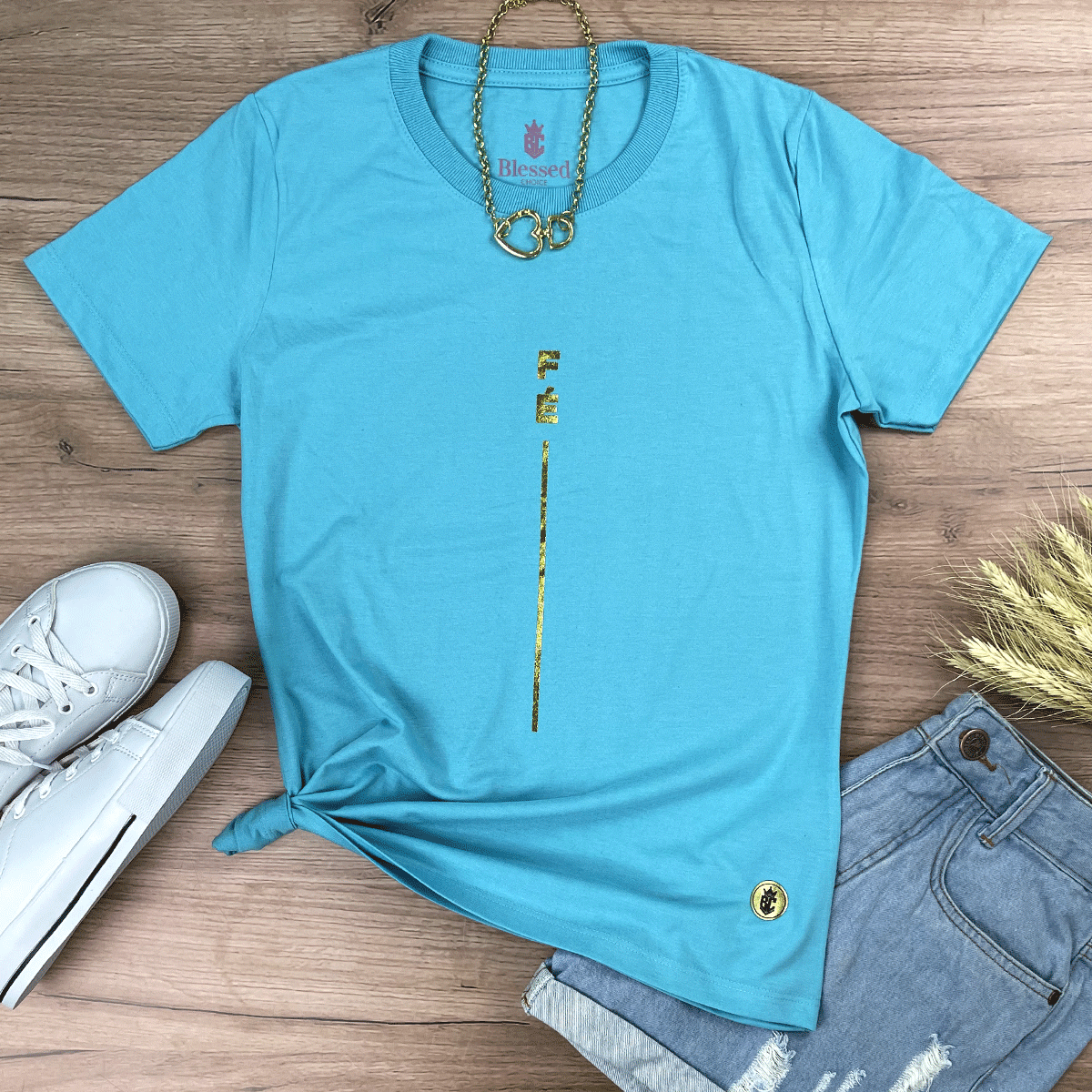 Camiseta Feminina Turquesa Fé Listra Dourado
