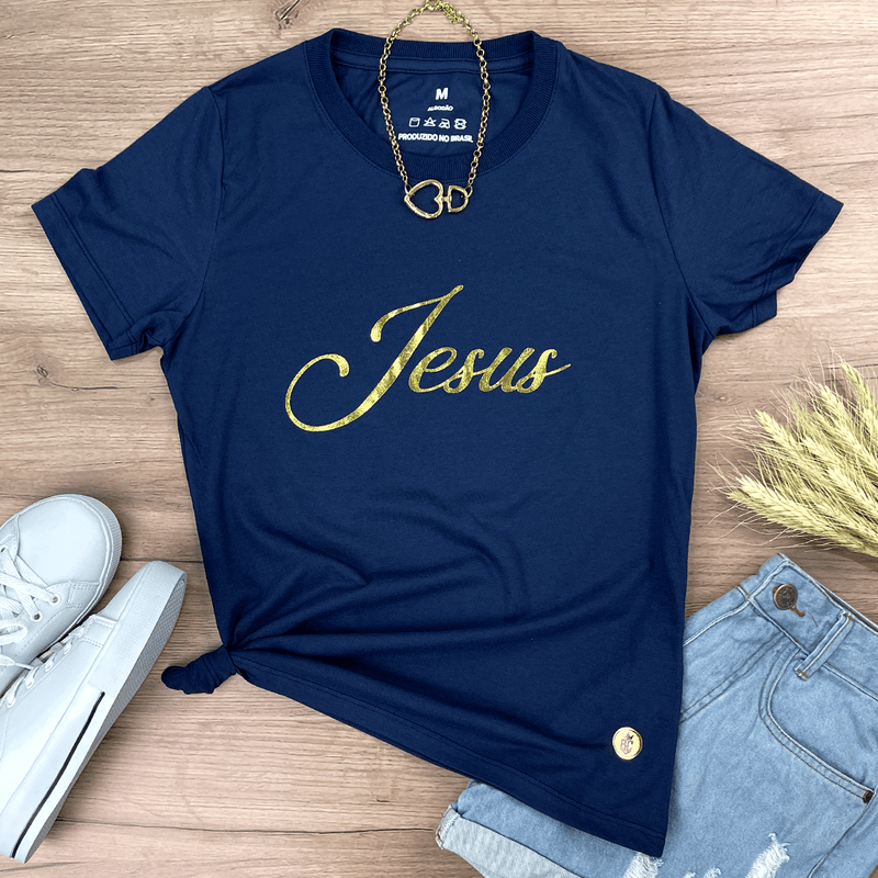 Camiseta Feminina Azul Jesus Dourado