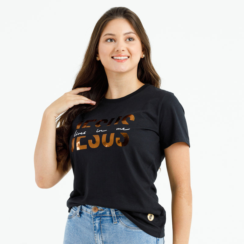 Camiseta Feminina Preta Jesus Lives In Me