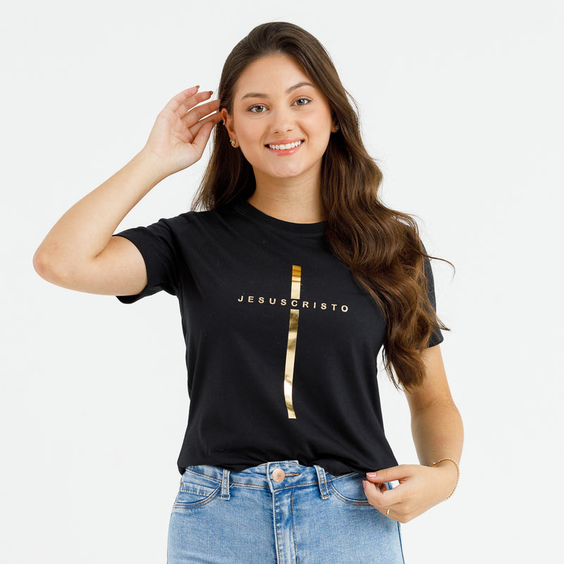 Camiseta Feminina Preta Cruz Dourada Jesus Cristo