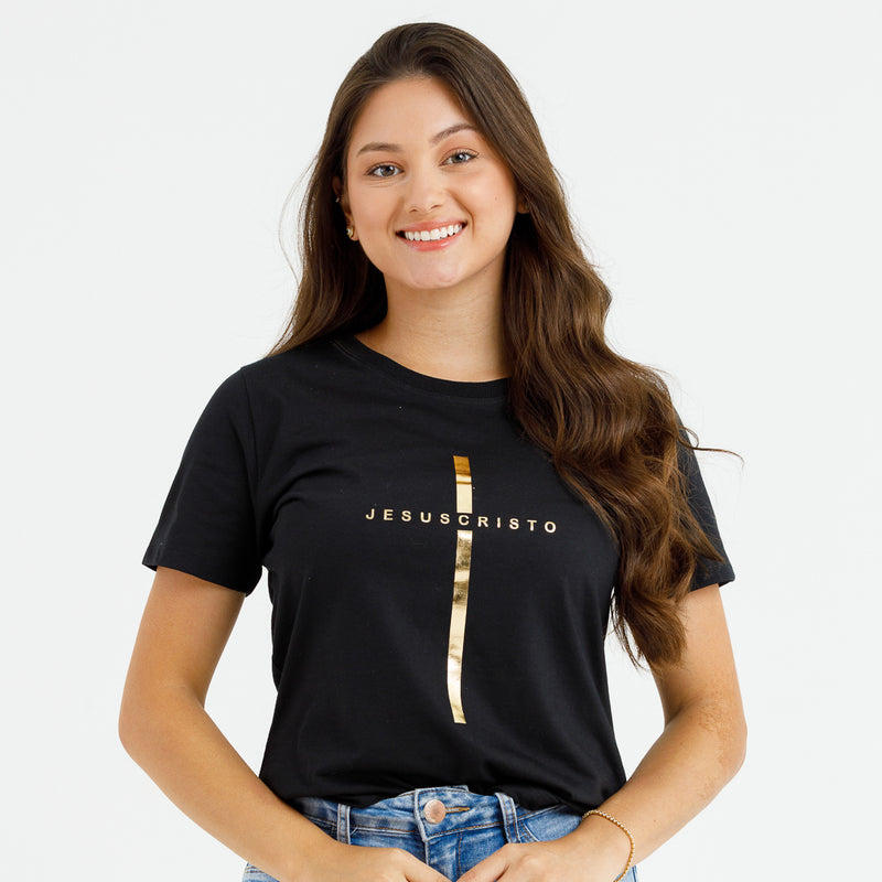 Camiseta Feminina Preta Cruz Dourada Jesus Cristo