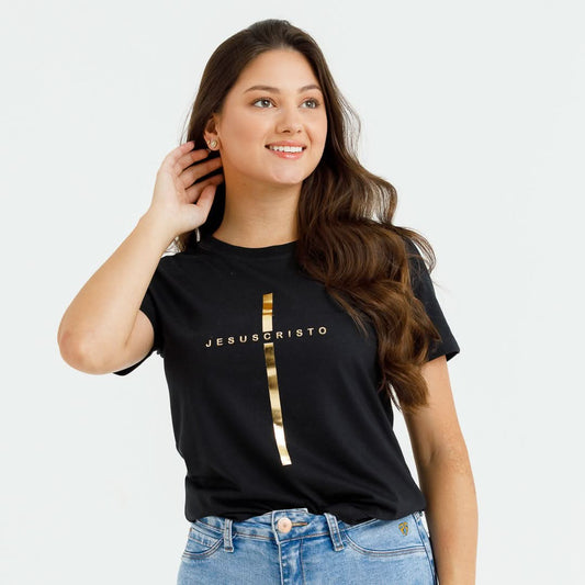Camiseta Feminina Preta Cruz Dourada Jesus Cristo