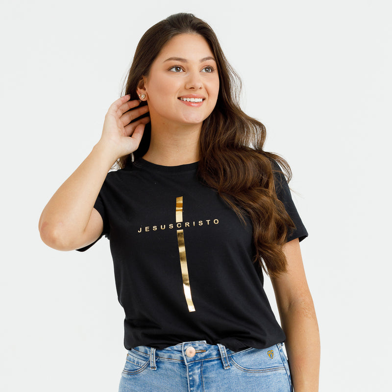 Camiseta Feminina Preta Cruz Dourada Jesus Cristo