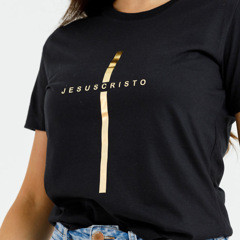 Camiseta Feminina Preta Cruz Dourada Jesus Cristo