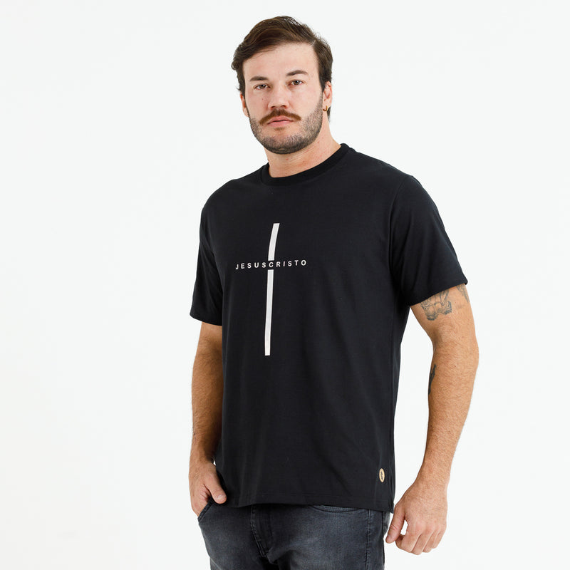 Camiseta Masculina Preta Cruz Prata Jesus Cristo