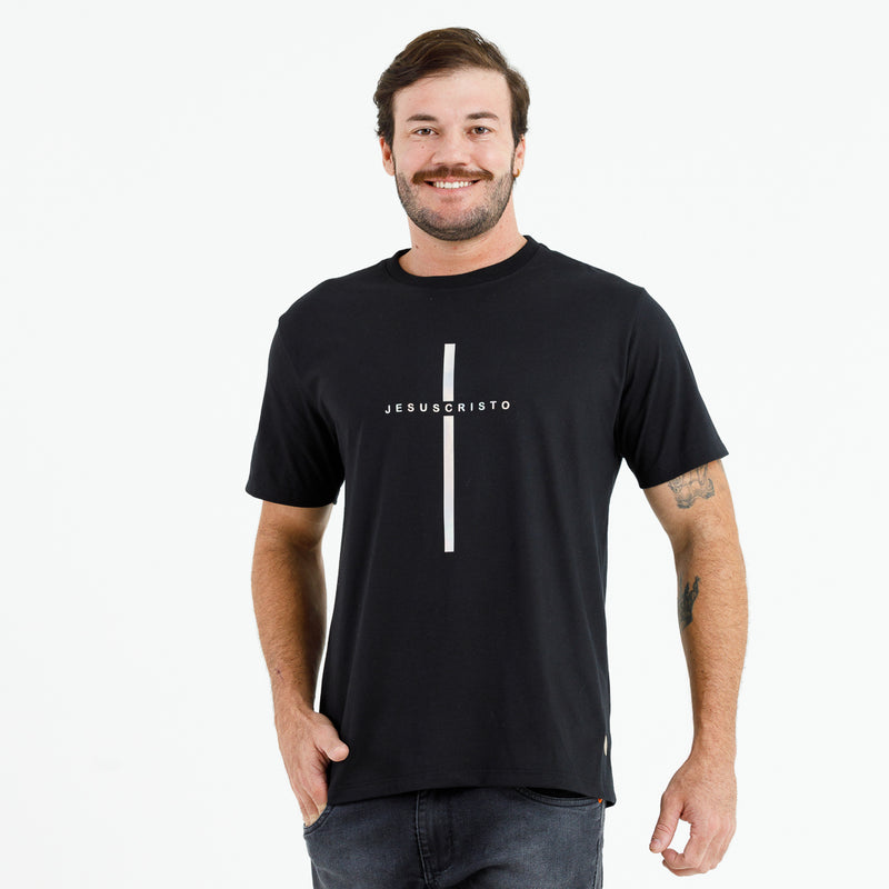 Camiseta Masculina Preta Cruz Prata Jesus Cristo