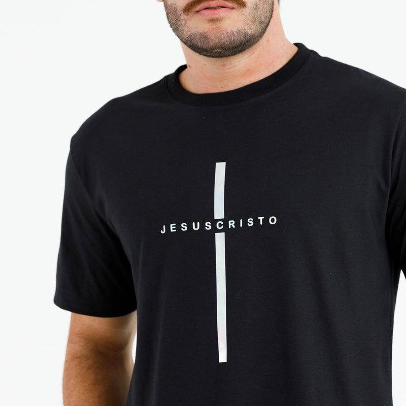 Camiseta Masculina Preta Cruz Prata Jesus Cristo