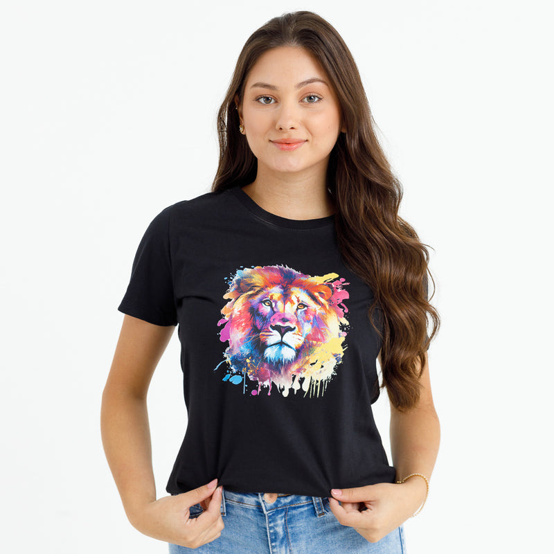 Camiseta Feminina Preta Leão Colorido