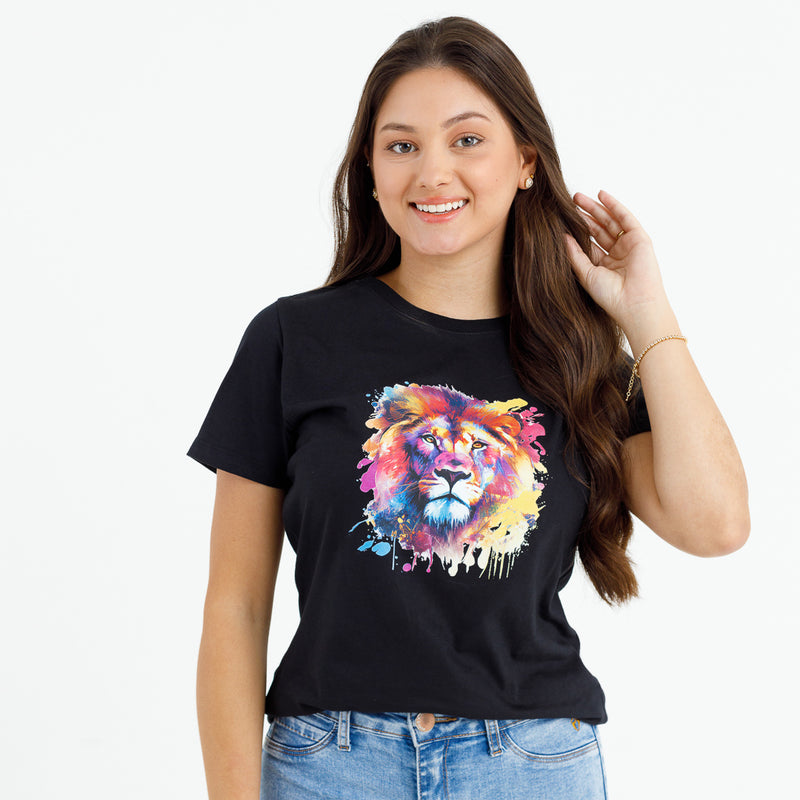 Camiseta Feminina Preta Leão Colorido