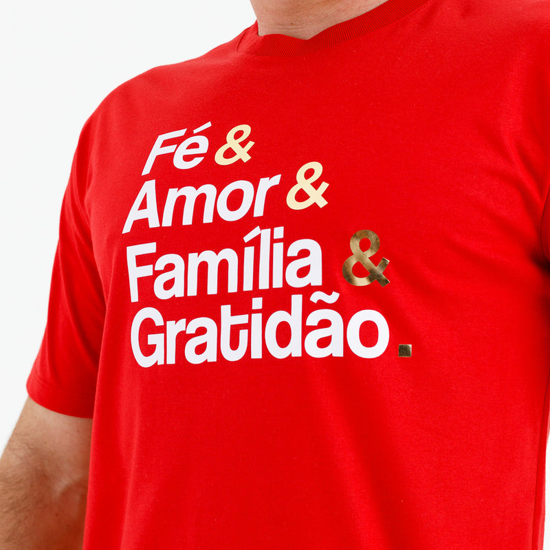 Camiseta Masculina Vermelha Fé & Amor Dourado