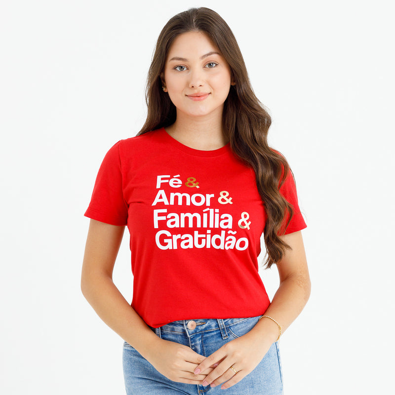 Camiseta Feminina Vermelha Fé & Amor Dourado