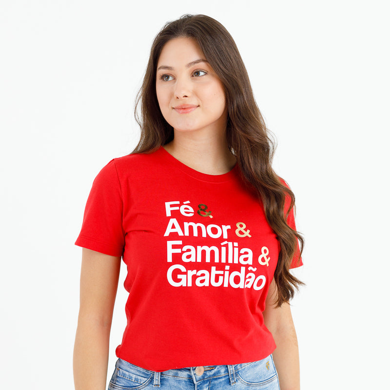 Camiseta Feminina Vermelha Fé & Amor Dourado