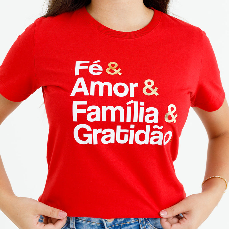 Camiseta Feminina Vermelha Fé & Amor Dourado