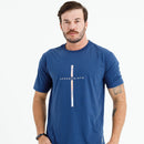 Camiseta Masculina Azul Cruz Prata Jesus Cristo