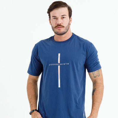Camiseta Masculina Azul Cruz Prata Jesus Cristo