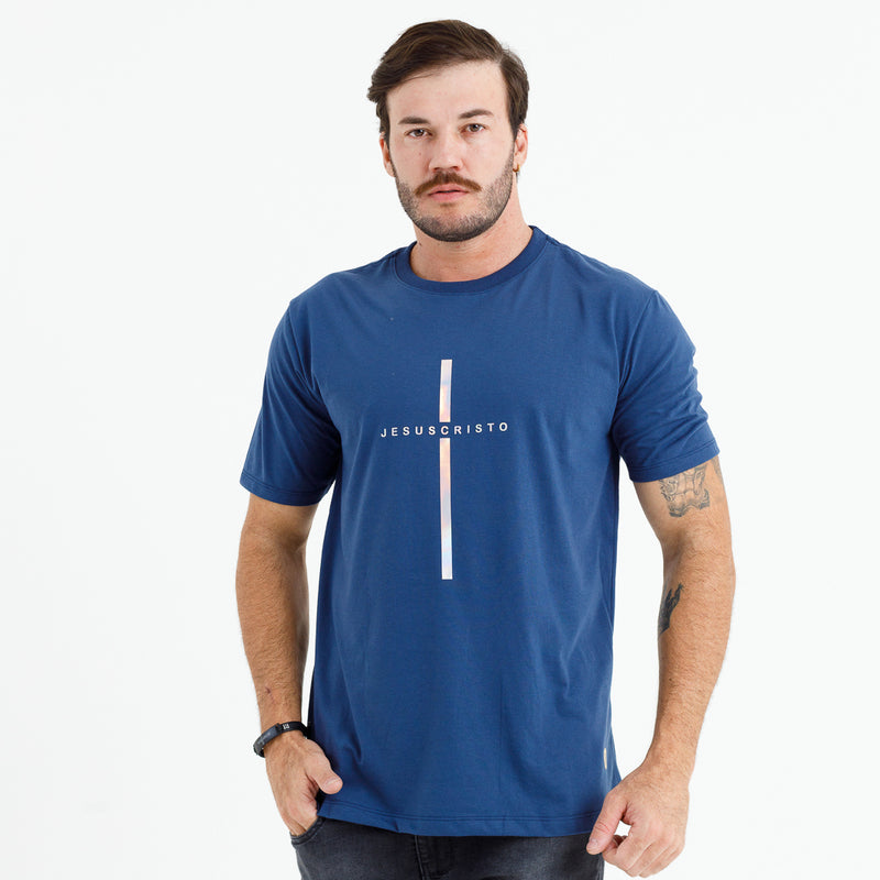 Camiseta Masculina Azul Cruz Prata Jesus Cristo