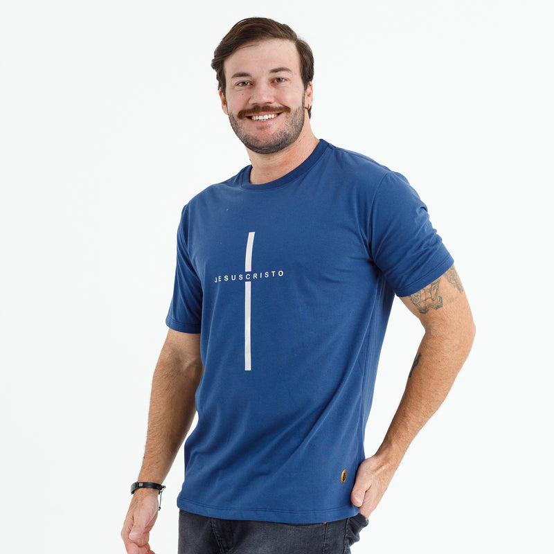 Camiseta Masculina Azul Cruz Prata Jesus Cristo