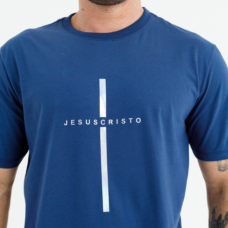 Camiseta Masculina Azul Cruz Prata Jesus Cristo