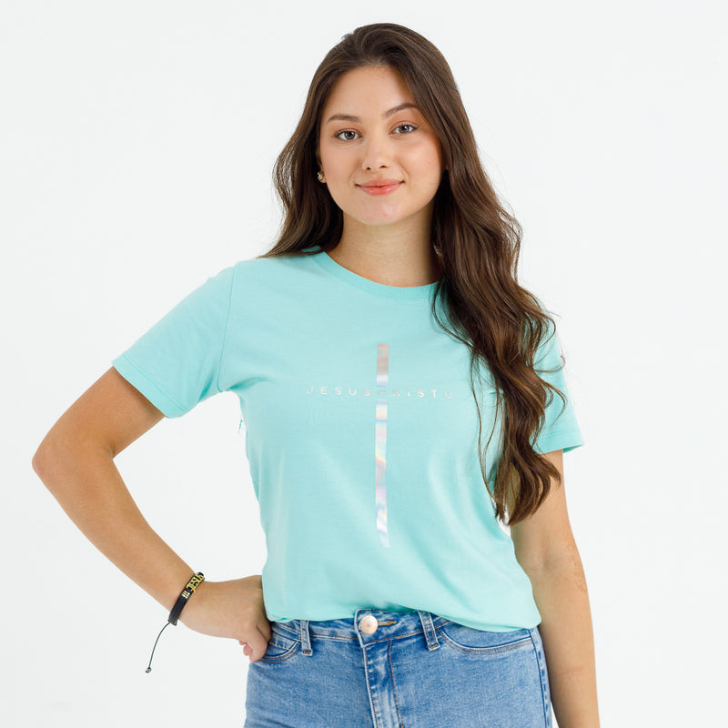 Camiseta Feminina Verde Menta Cruz Prata Jesus Cristo