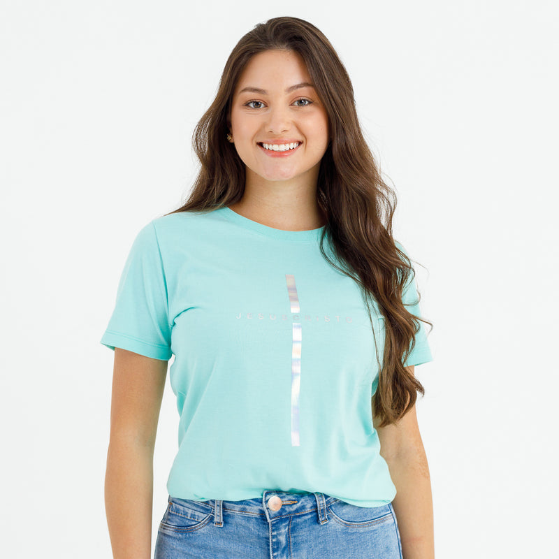 Camiseta Feminina Verde Menta Cruz Prata Jesus Cristo