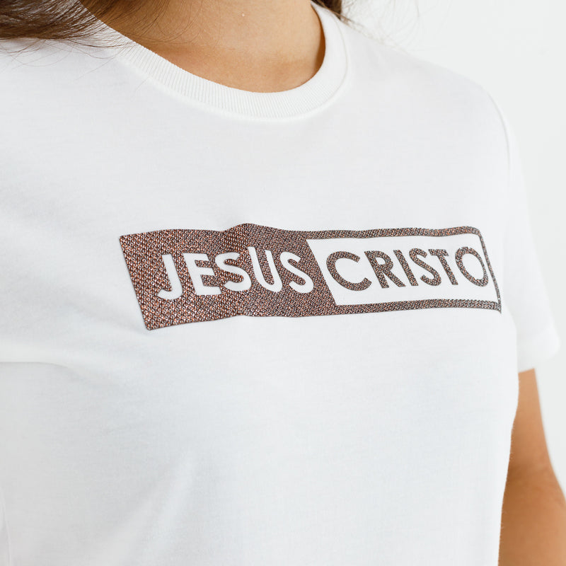 Camiseta Feminina Branca Jesus Cristo Glitter