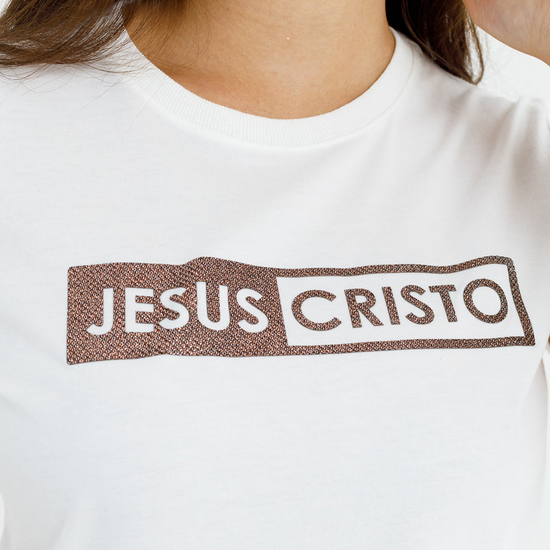 Camiseta Feminina Branca Jesus Cristo Glitter