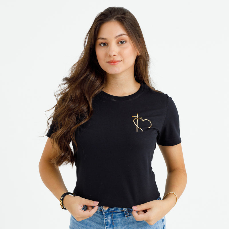 Camiseta Feminina Preta Cruz Coração Minimalista