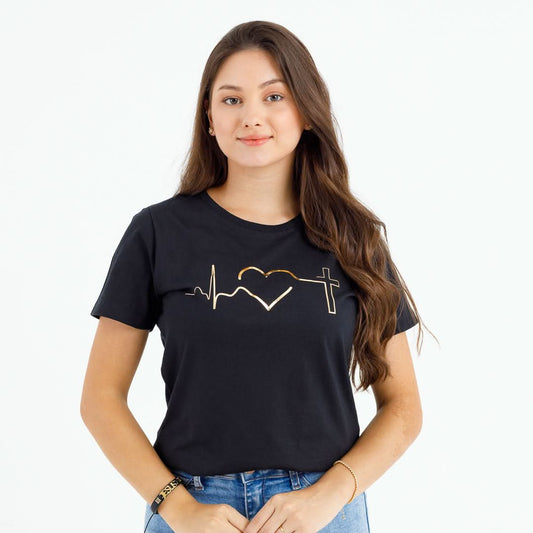 Camiseta Feminina Preta Batimento Coração Dourado