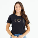 Camiseta Feminina Preta Batimento Coração Dourado