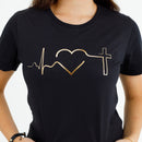 Camiseta Feminina Preta Batimento Coração Dourado