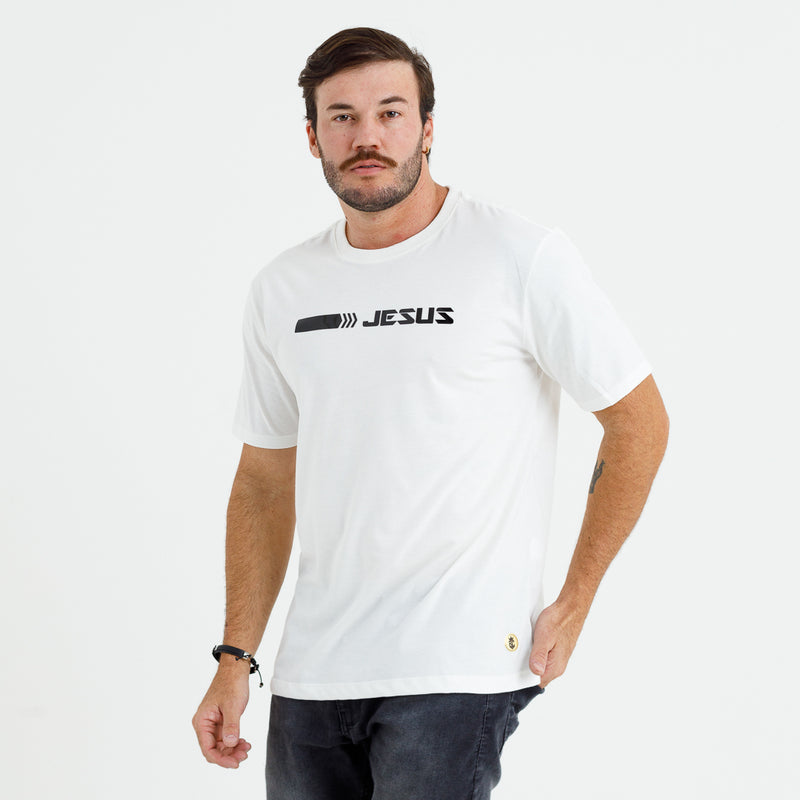 Camiseta Masculina Off White Aplique Direção Jesus