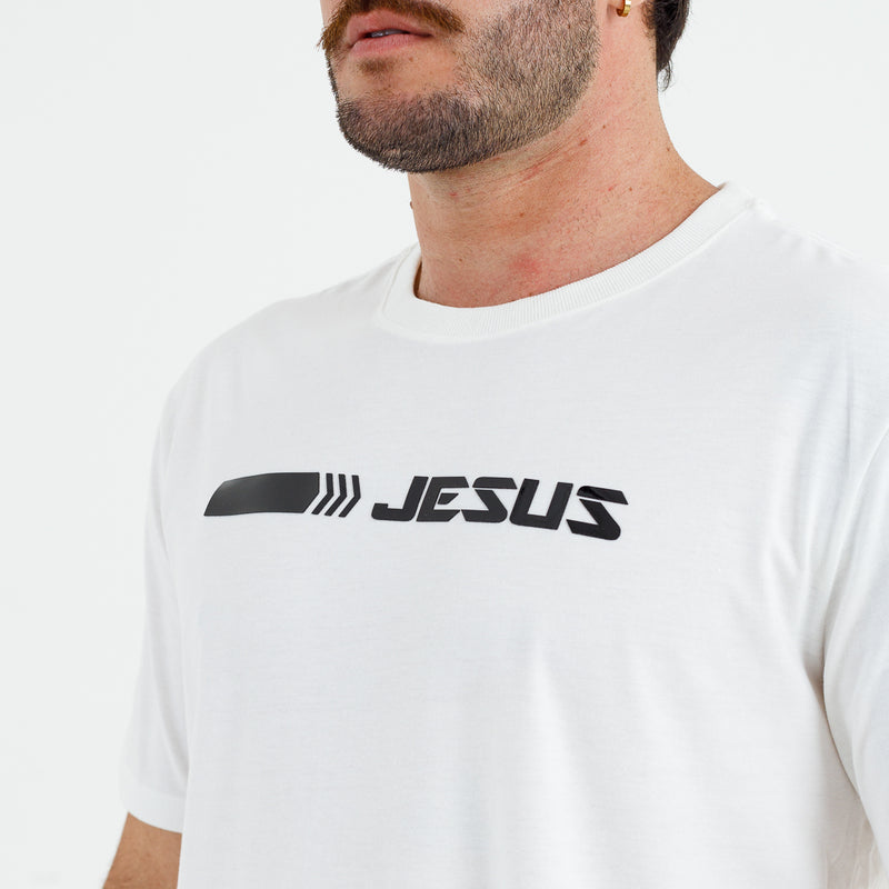 Camiseta Masculina Off White Aplique Direção Jesus