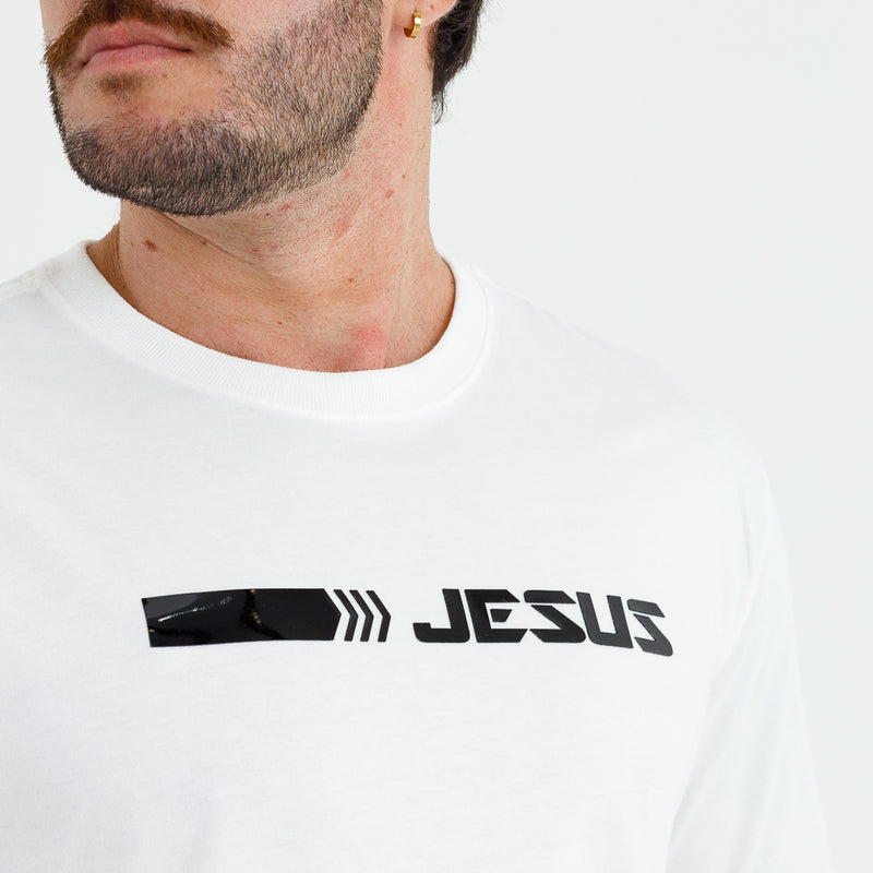 Camiseta Masculina Off White Aplique Direção Jesus