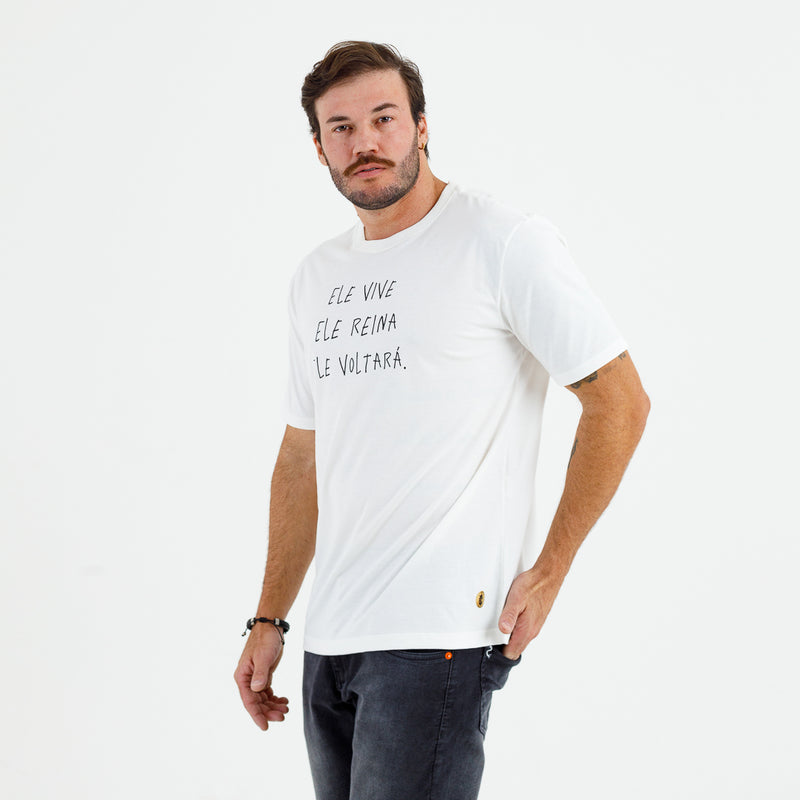 Camiseta Masculina Off White Ele vive Ele reina Ele voltará