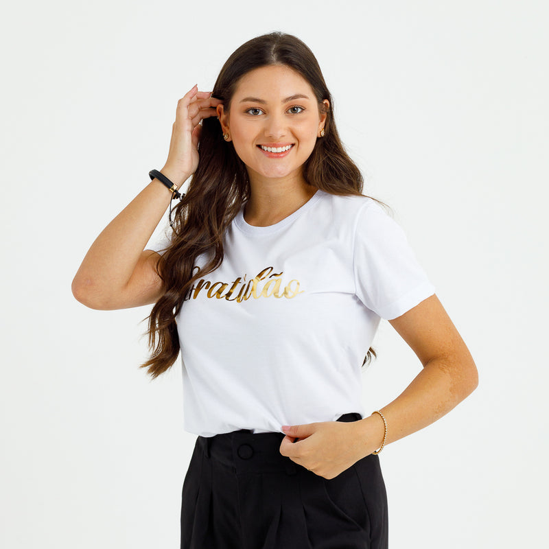 Camiseta Feminina Branca Gratidão Dourado