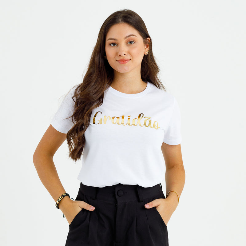 Camiseta Feminina Branca Gratidão Dourado