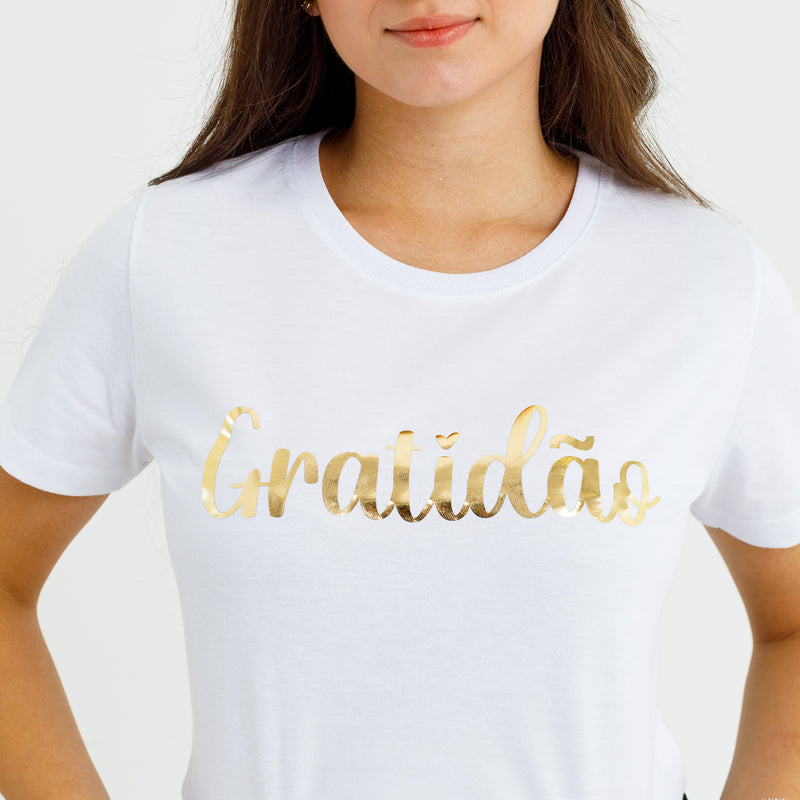 Camiseta Feminina Branca Gratidão Dourado