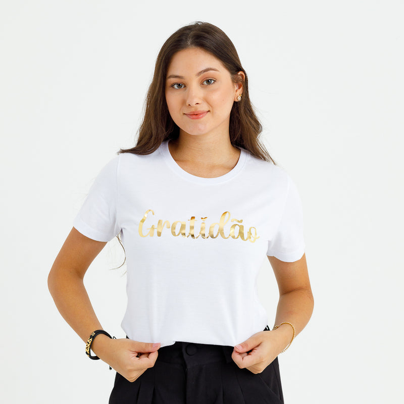 Camiseta Feminina Branca Gratidão Dourado