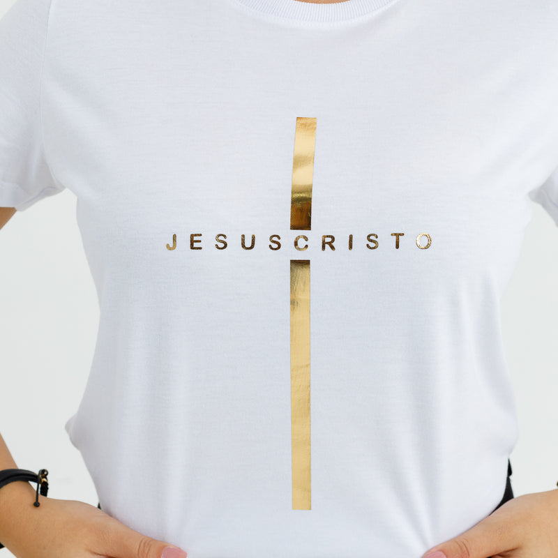 Camiseta Feminina Branca Cruz Dourada Jesus Cristo