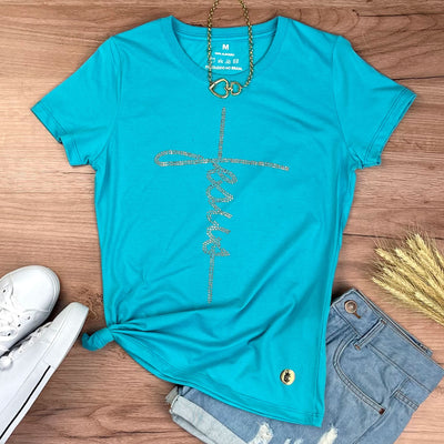 Camiseta Feminina Turquesa Jesus Strass