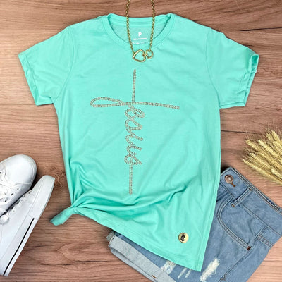 Camiseta Feminina Verde Menta Jesus Strass