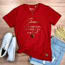 Camiseta Feminina Vermelha Jesus o Verdadeiro Sentido do Natal Dourado