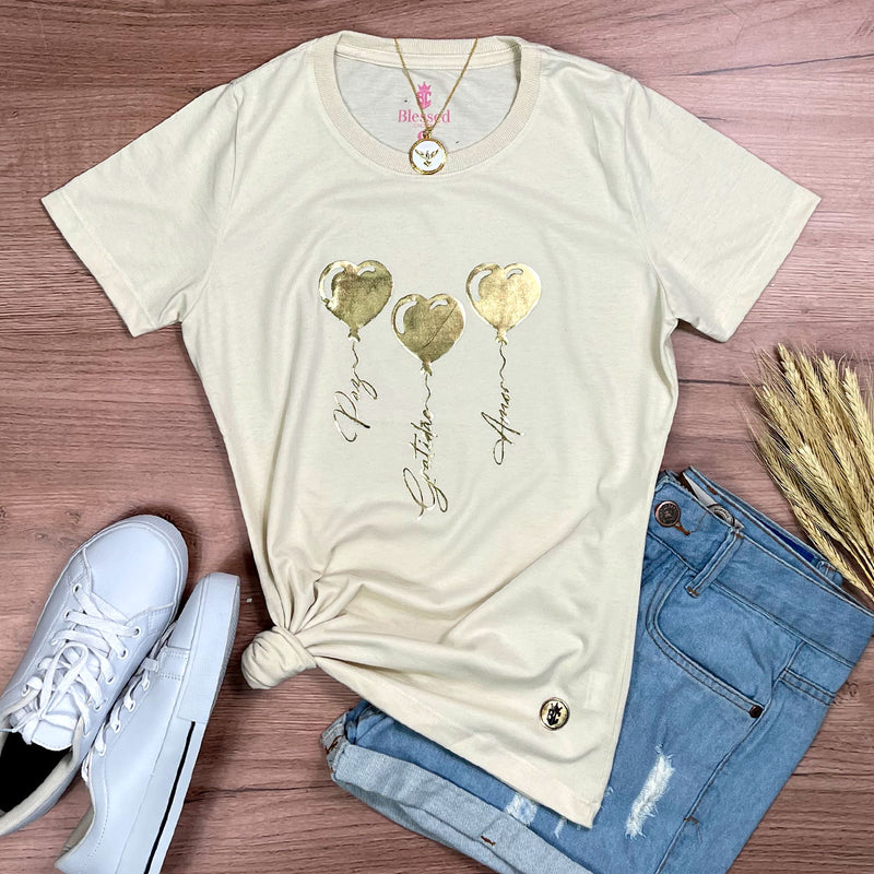 Camiseta Feminina Off White Coração Paz Amor Dourado