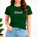 Camiseta Feminina Verde Blessed Glitter Pink Aplique