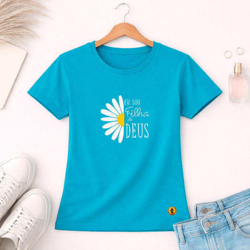 Camiseta Feminina Turquesa Flor Eu Sou Filha De Deus 