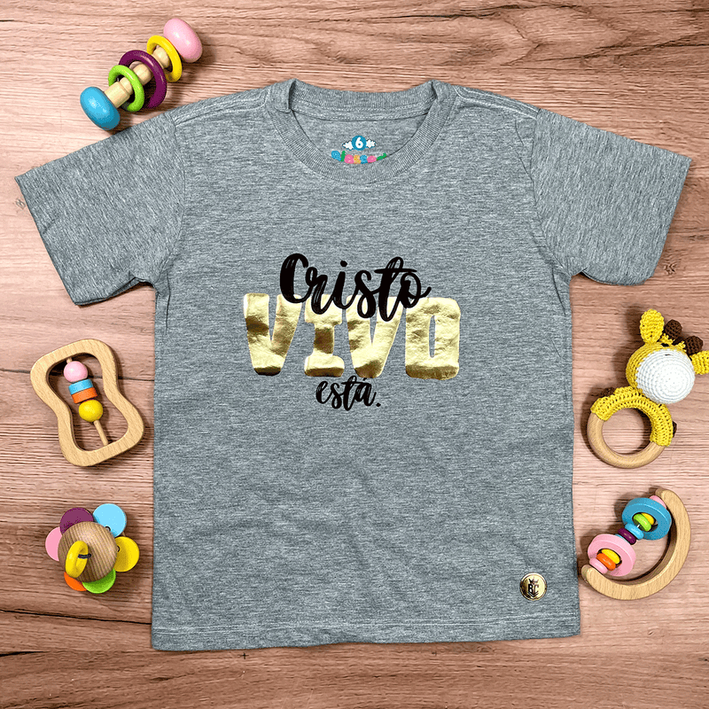 T-Shirt Infantil Cinza Cristo Vivo Está