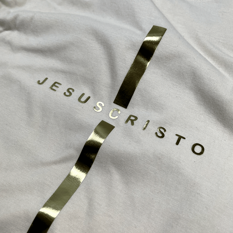 T-Shirt Infantil Off White Cruz Dourada Jesus Cristo