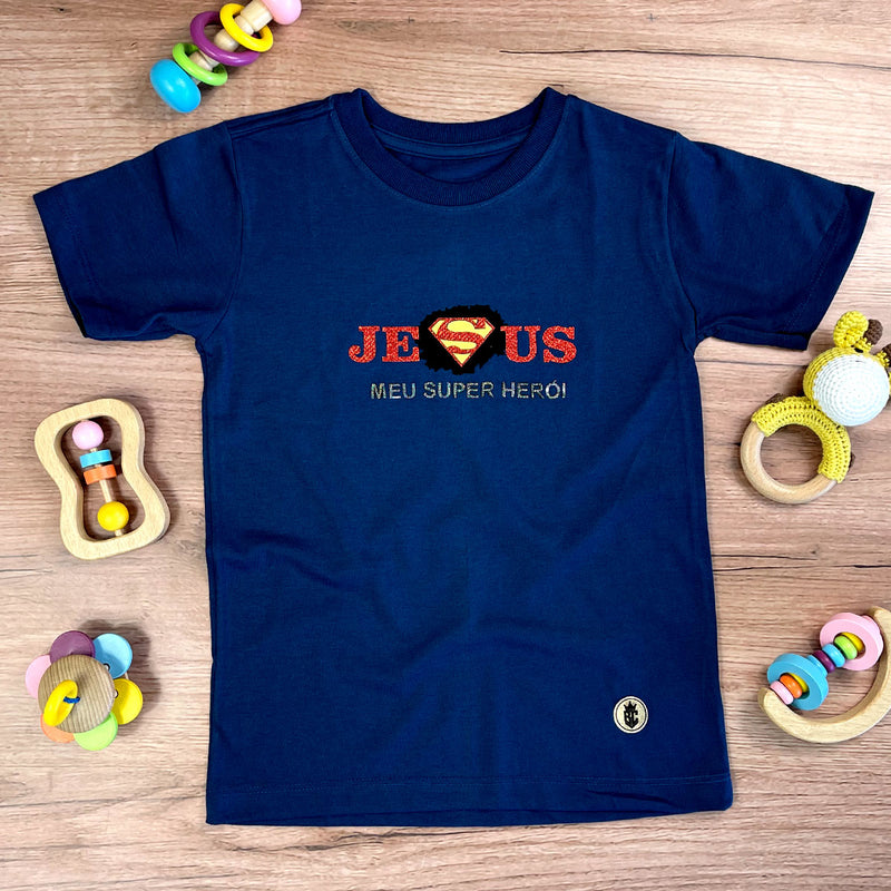 T-Shirt Infantil Azul Jesus Meu Super Herói