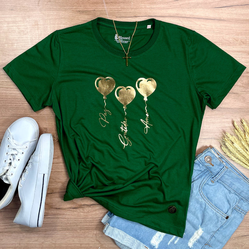 Camiseta Feminina Verde Coração Paz Amor Dourado