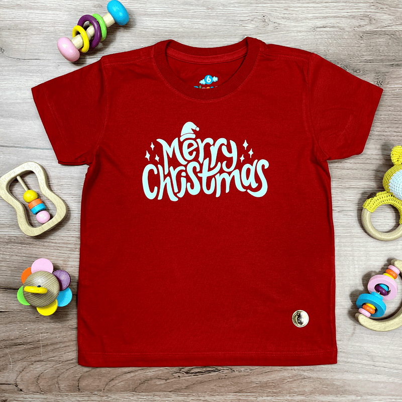 T-Shirt Infantil Vermelha Merry Christmas Chapéu